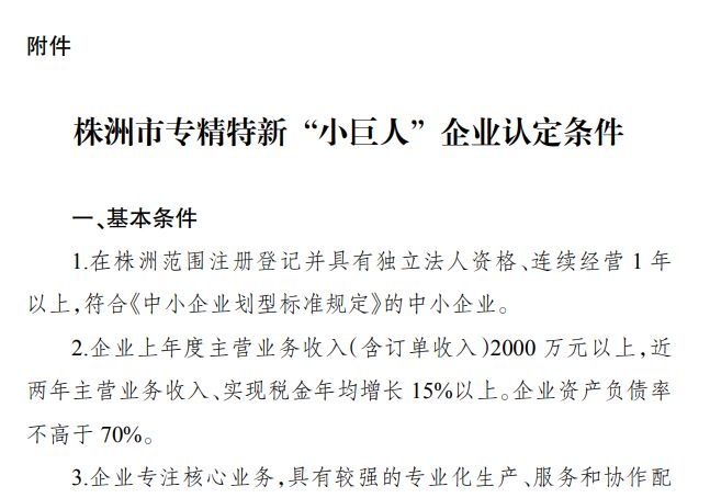 株洲市专精特新 “小巨人”企业认定条件 株洲市专精特新 “小巨人”企业认定条件