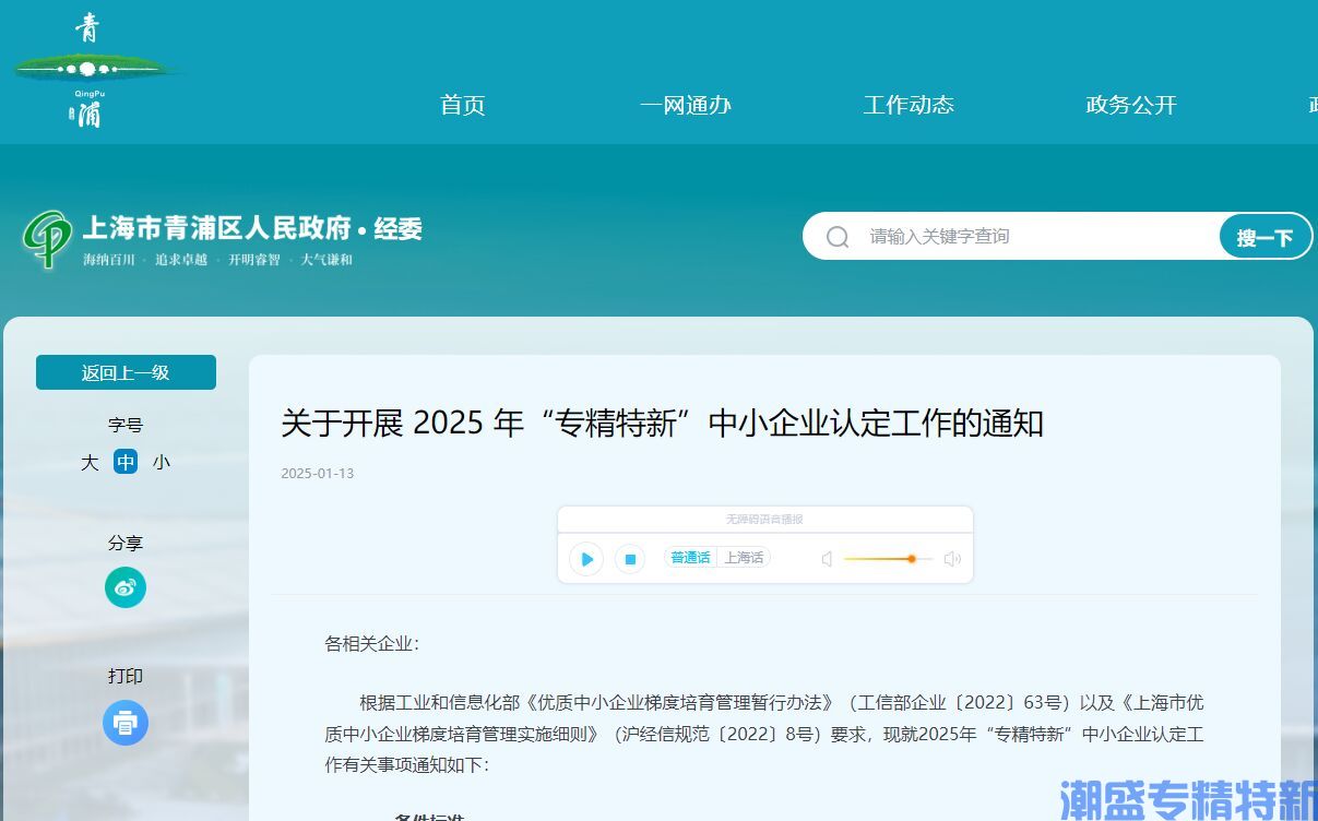 [上海市青浦区]关于开展 2025 年“专精特新”中小企业认定工作的通知