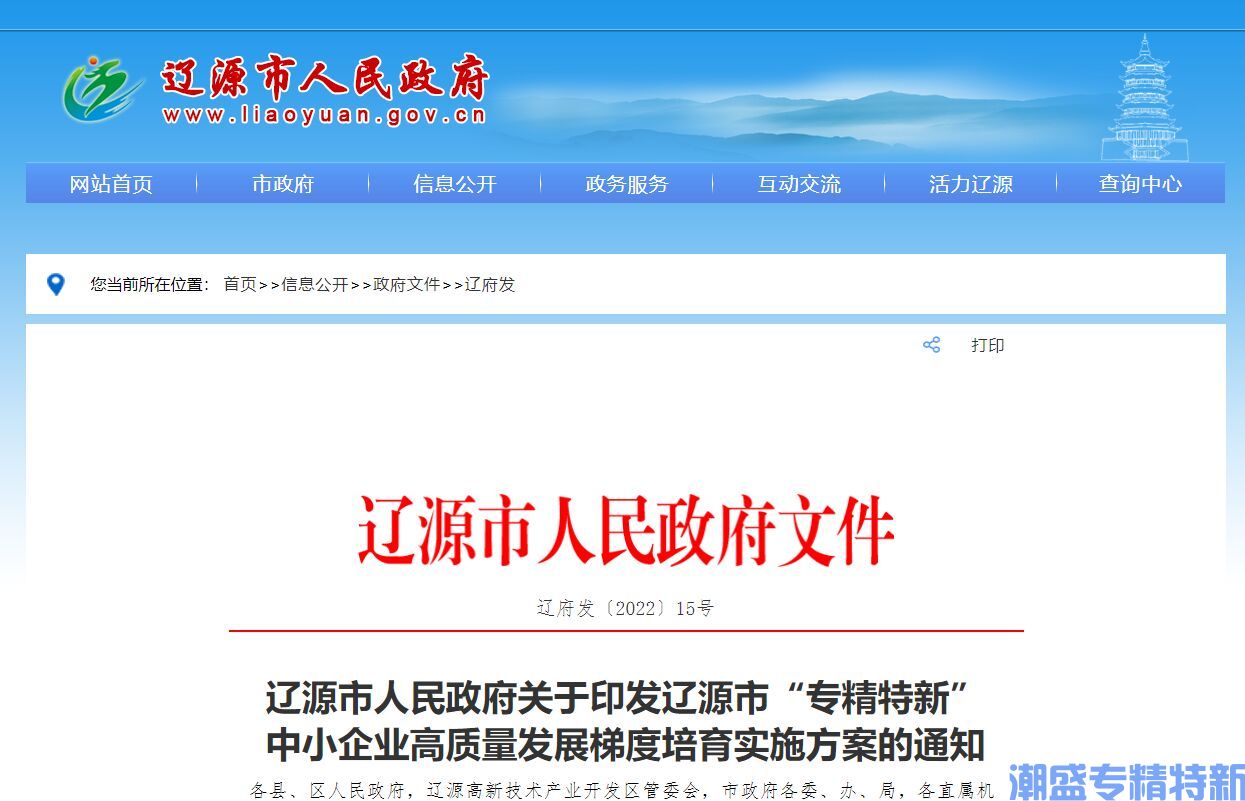 辽源市"专精特新"奖励政策：辽源市“专精特新”中小企业高质量发展梯度培育实施方案
