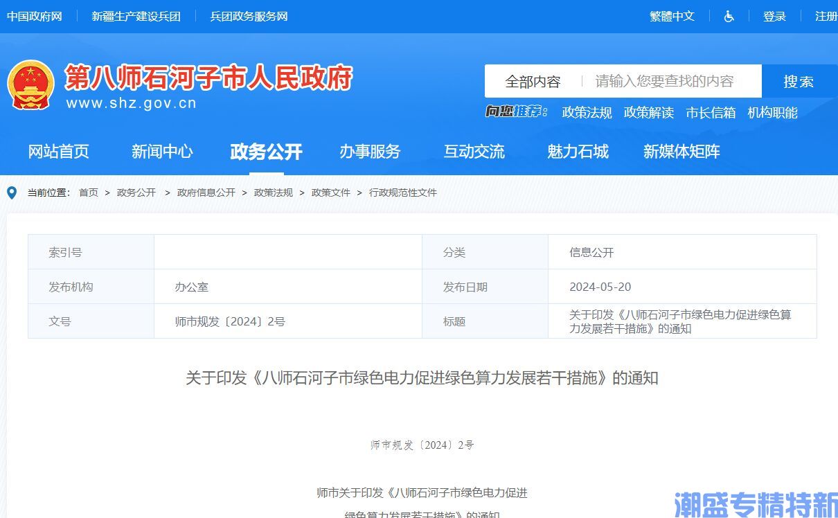 石河子市"专精特新"奖励政策：八师石河子市绿色电力促进绿色算力发展若干措施
