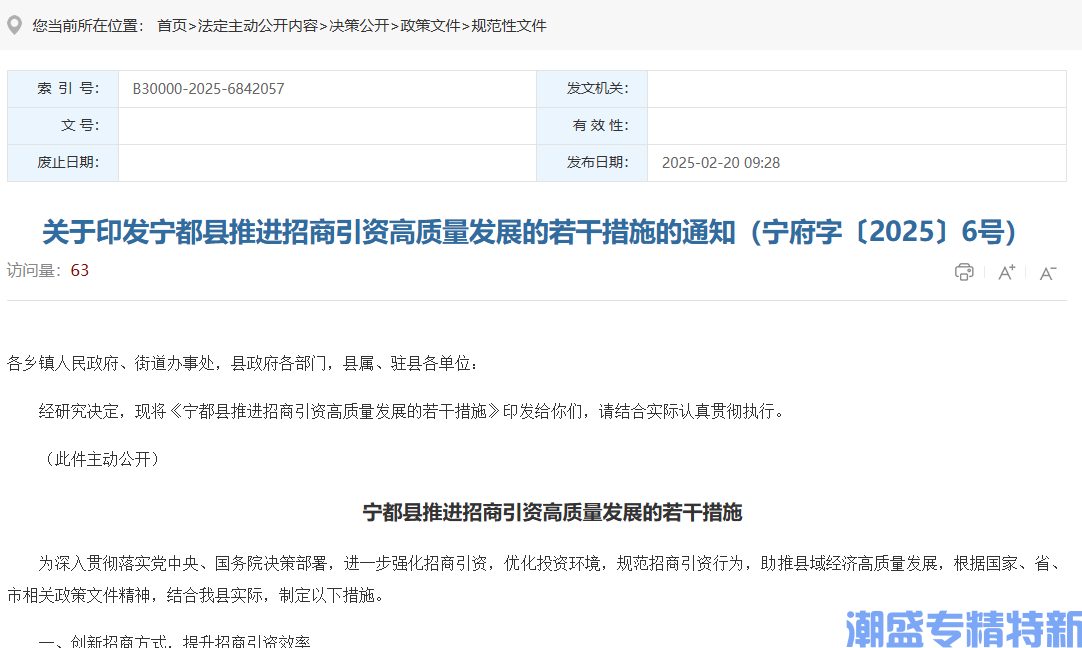 赣州市宁都县"专精特新"奖励政策：宁都县推进招商引资高质量发展的若干措施