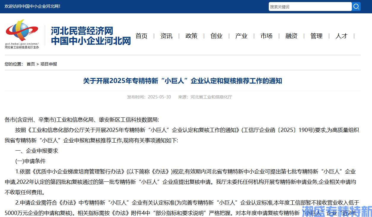 [河北省]关于开展2025年专精特新“小巨人”企业认定和复核推荐工作的通知