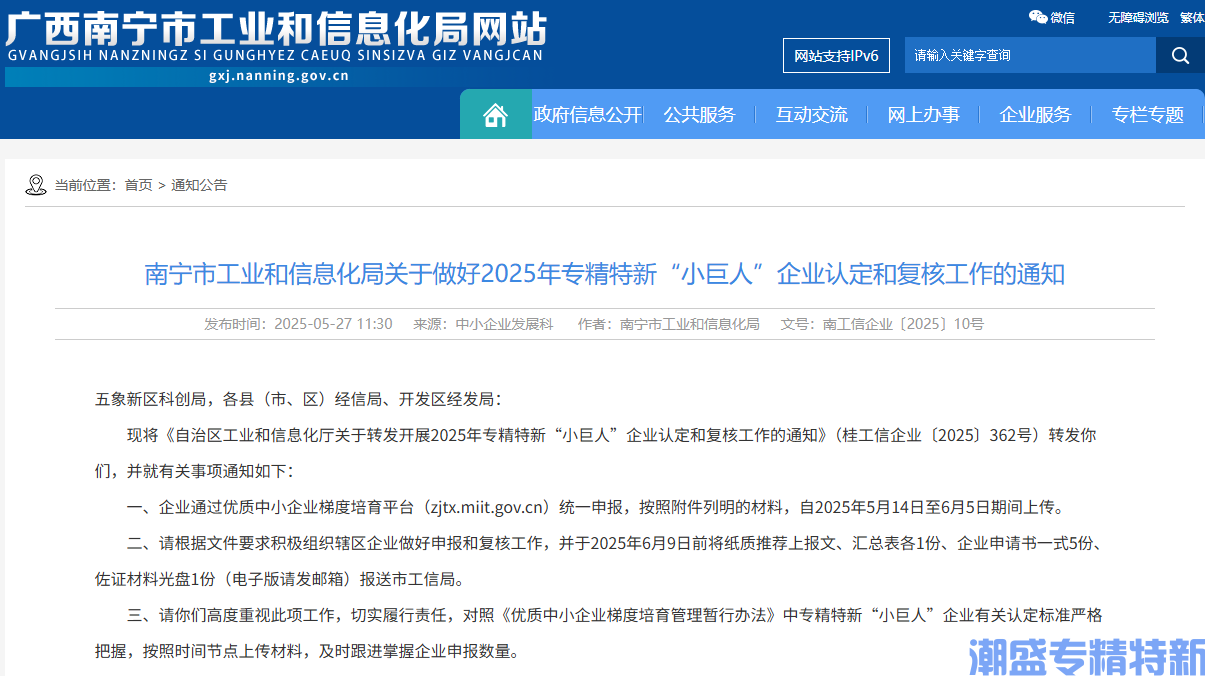 南宁市工业和信息化局关于做好2025年专精特新“小巨人”企业认定和复核工作的通知