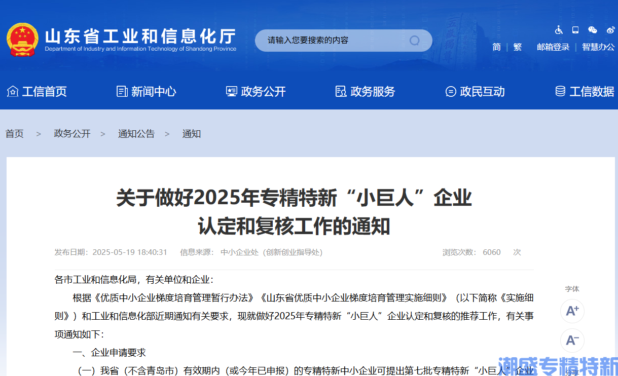[山东省]关于做好2025年专精特新“小巨人”企业 认定和复核工作的通知