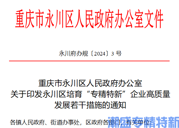 重庆市永川区"专精特新"奖励政策：永川区培育“专精特新”企业高质量发展若干措施