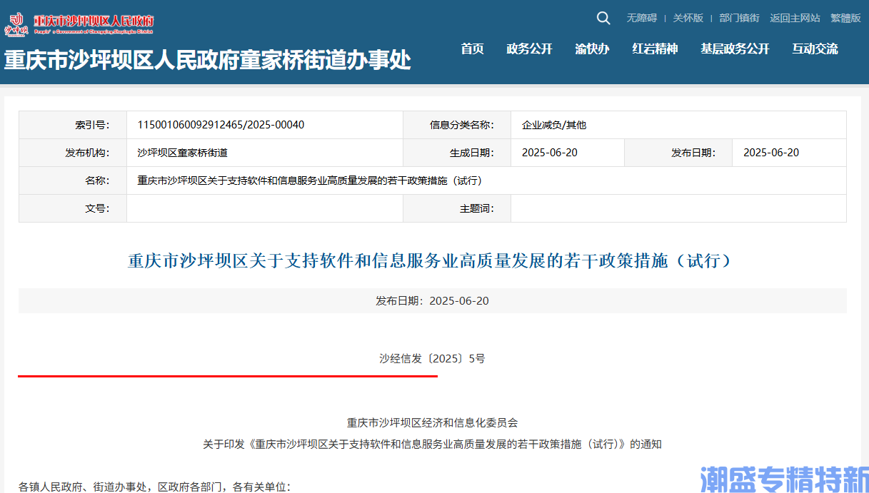 重庆市沙坪坝区"专精特新"奖励政策：重庆市沙坪坝区关于支持软件和信息服务业高质量发展的若干政策措施（试行）