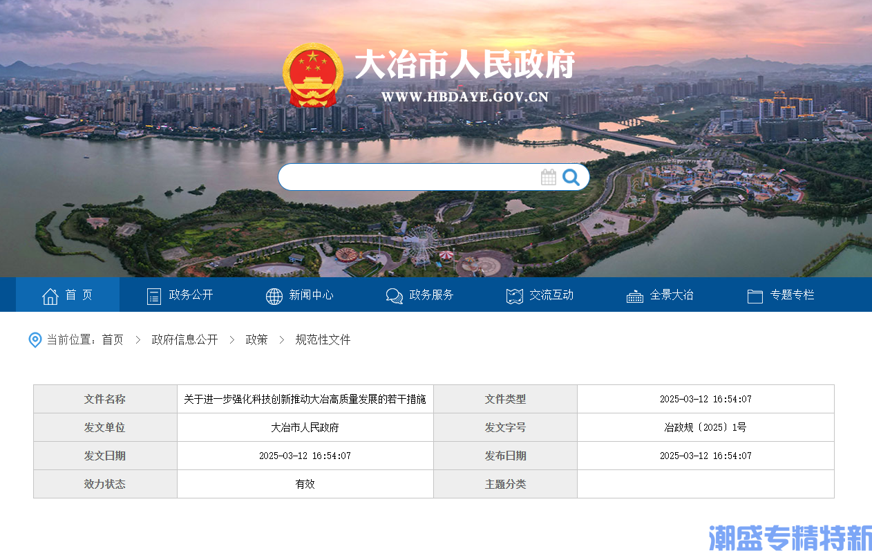黄石市大冶市"专精特新"奖励政策：关于进一步强化科技创新推动大冶高质量发展的若干措施