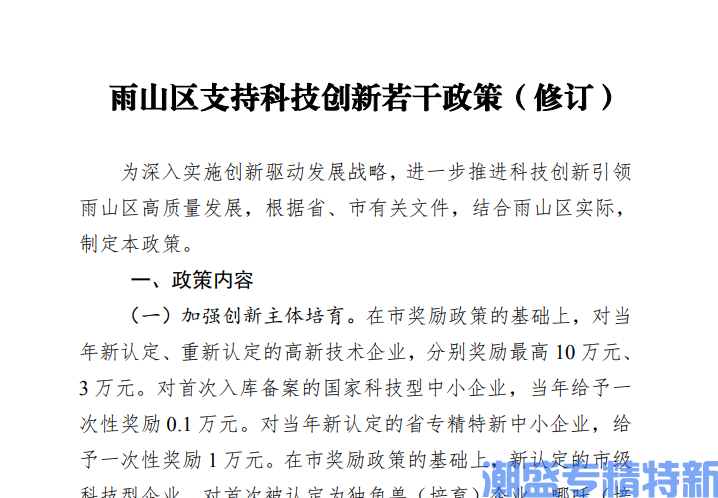 马鞍山市雨山区"专精特新"奖励政策：雨山区支持科技创新若干政策（修订）