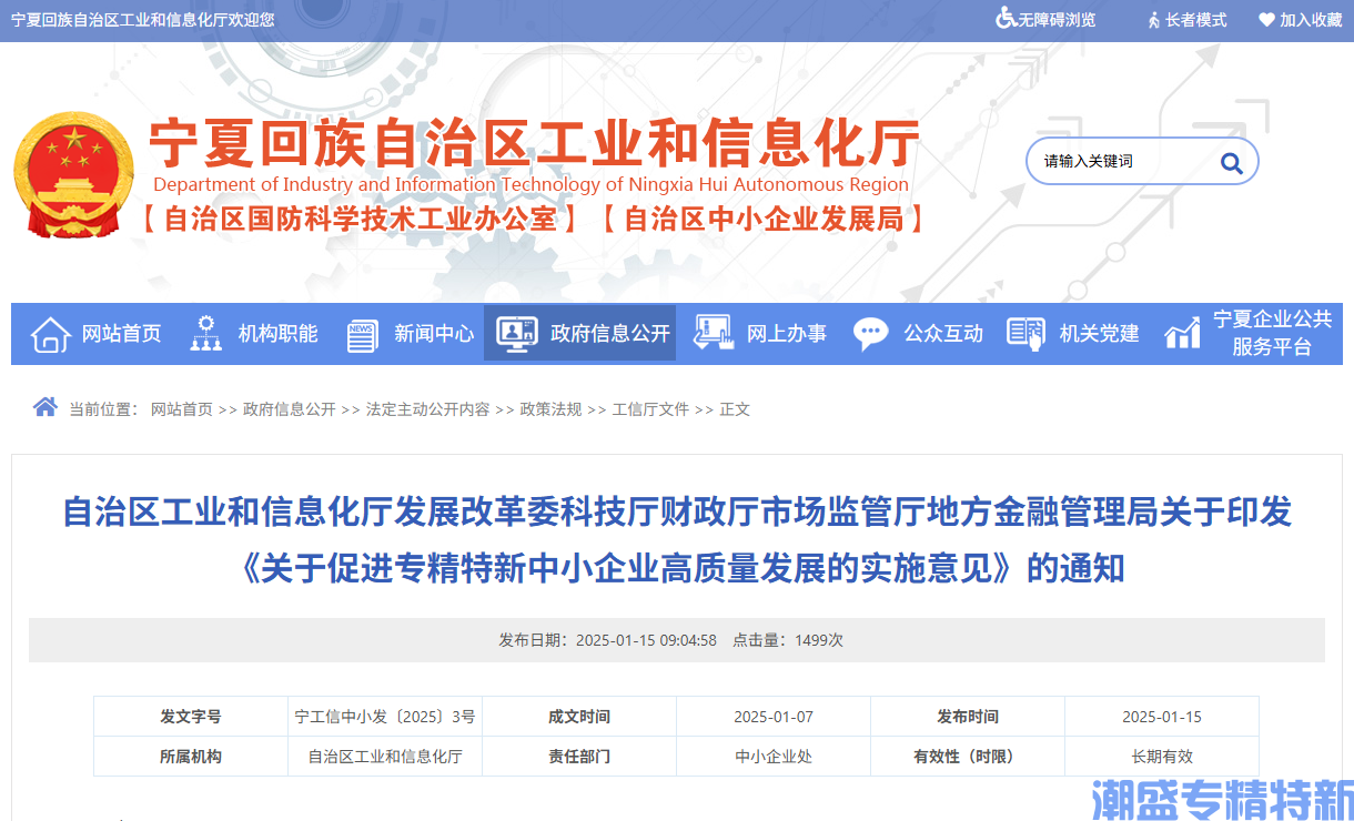 [宁夏自治区]关于促进专精特新中小企业高质量发展的实施意见