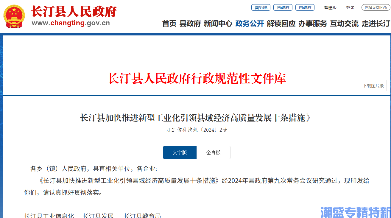 龙岩市长汀县"专精特新"奖励政策：长汀县加快推进新型工业化引领县域经济高质量发展十条措施