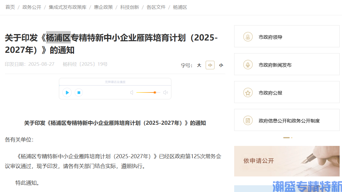 上海市杨浦区"专精特新"奖励政策：杨浦区专精特新中小企业雁阵培育计划（2025-2027年）