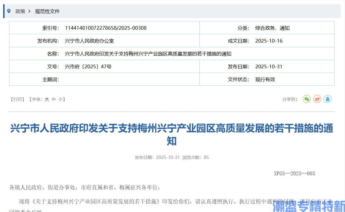 梅州市兴宁产业园区"专精特新"奖励政策：关于支持梅州兴宁产业园区高质量发展的若干措施