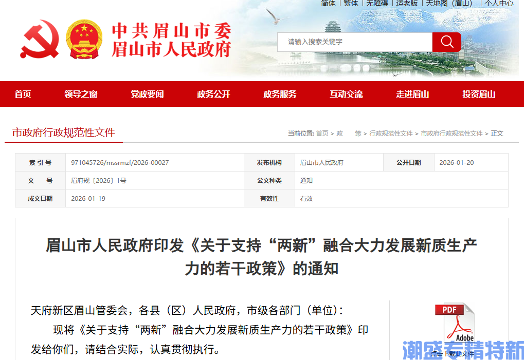 眉山市"专精特新"奖励政策：关于支持“两新”融合大力发展新质生产力的若干政策