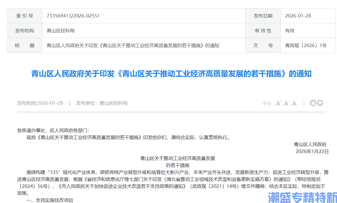 武汉市青山区"专精特新"奖励政策：青山区关于推动工业经济高质量发展的若干措施