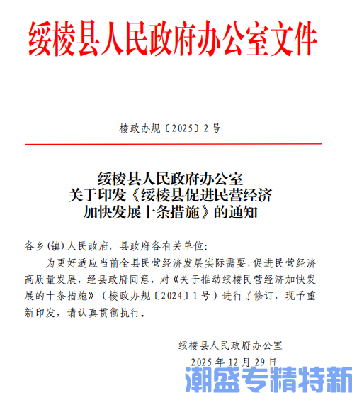 绥化市绥棱县"专精特新"奖励政策：绥棱县促进民营经济加快发展十条措施（2025）