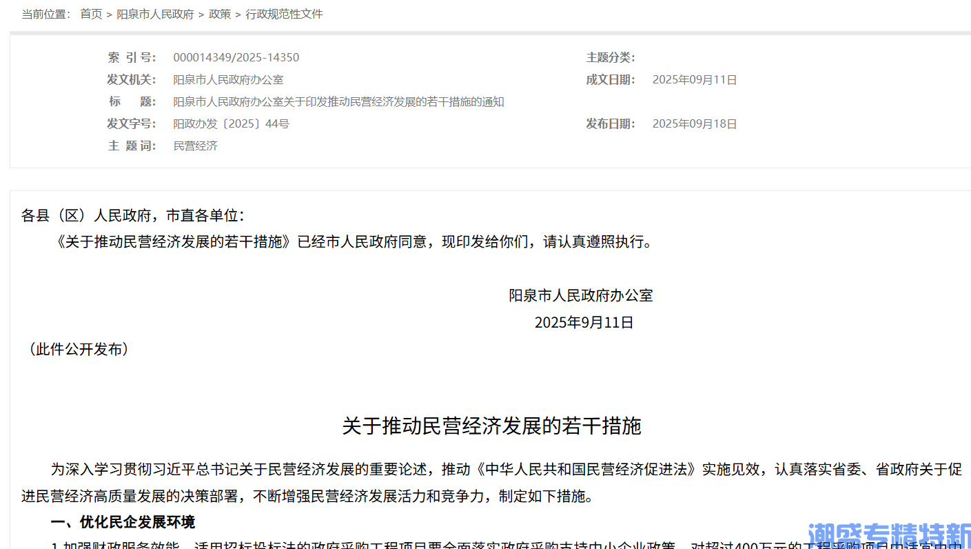 阳泉市"专精特新"奖励政策：关于推动民营经济发展的若干措施