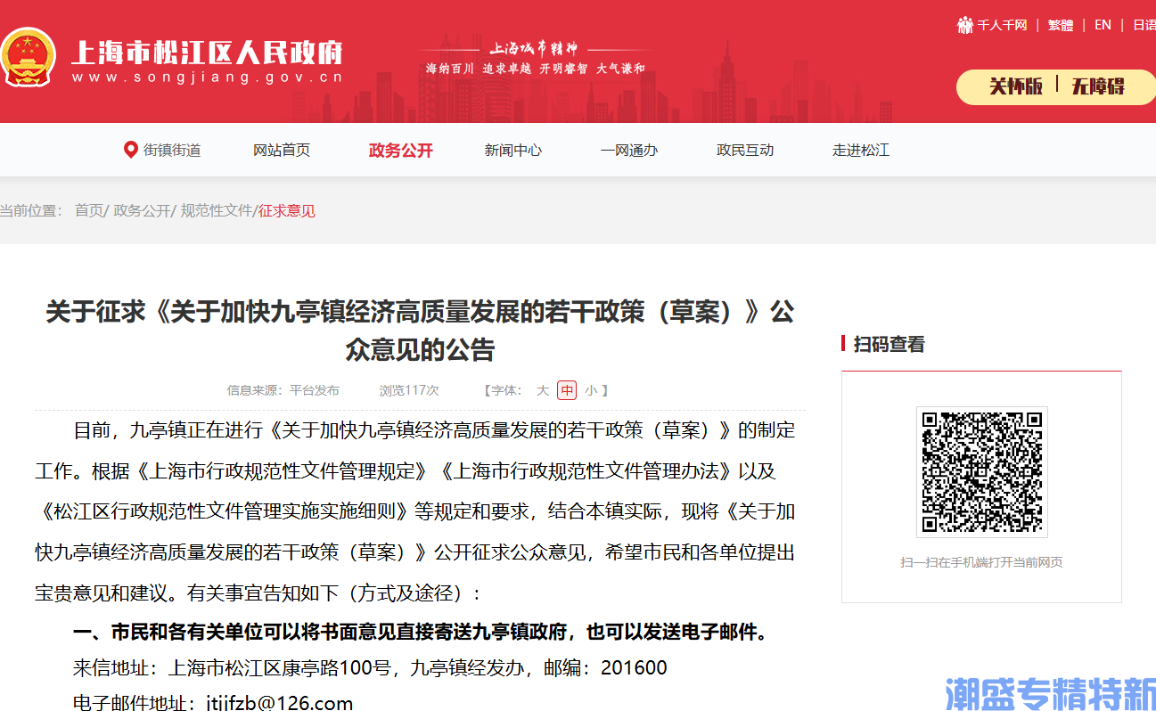 上海市松江区九亭镇"专精特新"奖励政策：关于加快九亭镇经济高质量发展的若干政策（草案）