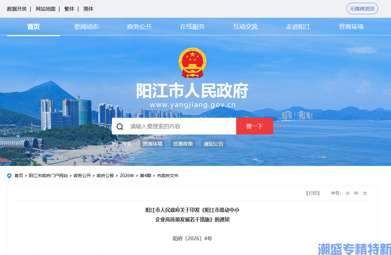 阳江市专精特新奖励政策:阳江市推动中小企业高质量发展若干措施 阳江市专精特新奖励政策:阳江市推动中小企业高质量发展若干措施